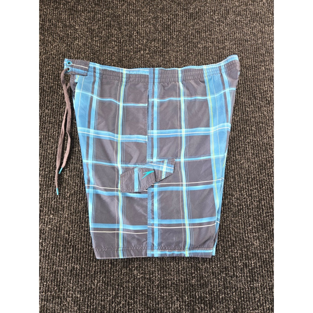 Speedo Mens Blue Plaid Board Shorts Swim Trunks Cargo Pocket XL